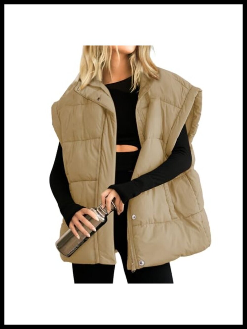 Oversized Quilted Puffer Vest Sleeveless Full Zip Stand Collar Warm Coat